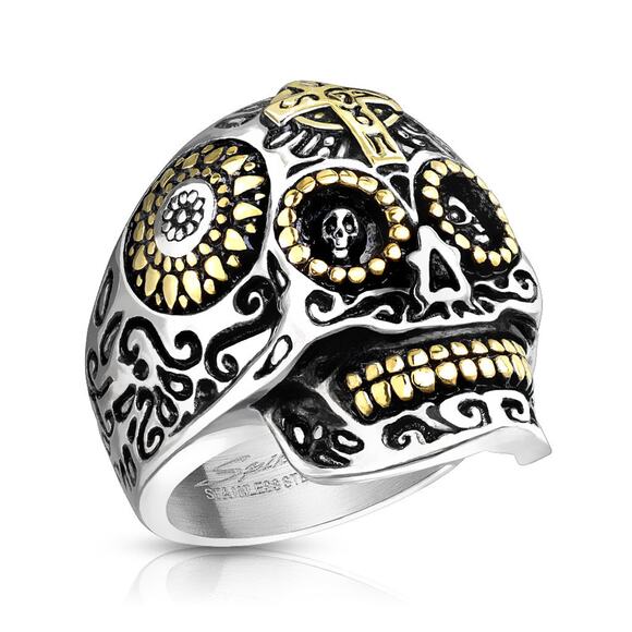 Gold Cross Day of the Dead Skull Stainless Steel Casting Ring‎ size 9